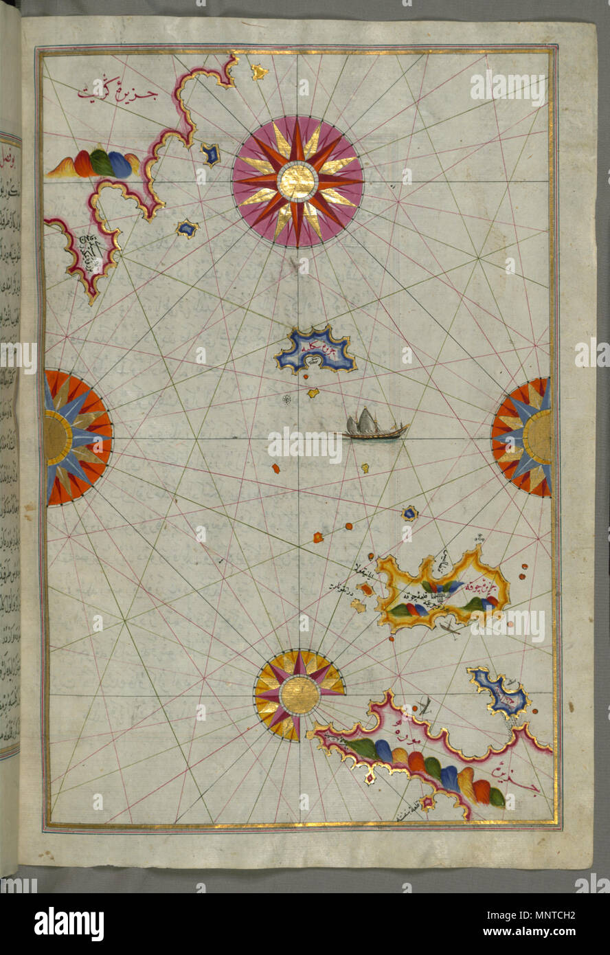 Piri Reis (Turkish, 1465-1555). 'Leaf from Book on Navigation,' 17th-18th century. ink, paint, and gold on paper. Walters Art Museum (W.658.124B): Acquired by Henry Walters. W.658.124b 1003 Piri Reis - Map of the Area Between the Peloponnese Peninsula and the Island of Crete - Walters W658124B - Full Page Stock Photo