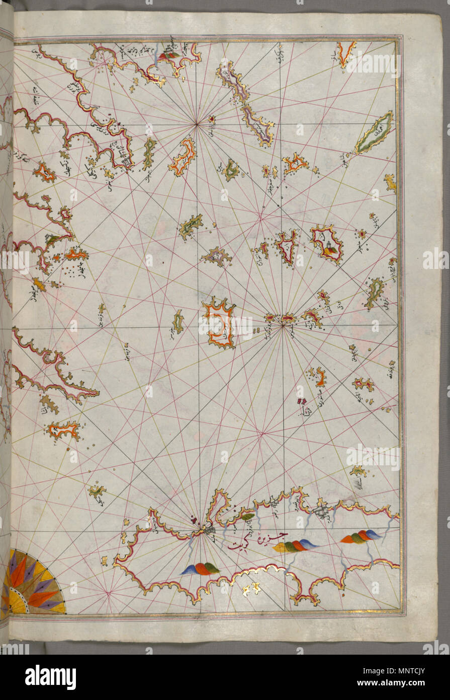 Piri Reis (Turkish, 1465-1555). 'Leaf from Book on Navigation,' 17th-18th century. ink, paint, and gold on paper. Walters Art Museum (W.658.129B): Acquired by Henry Walters. W.658.129b 1003 Piri Reis - Map of the Cyclades Islands Between the Peloponnese Peninsula and Crete - Walters W658129B - Full Page Stock Photo