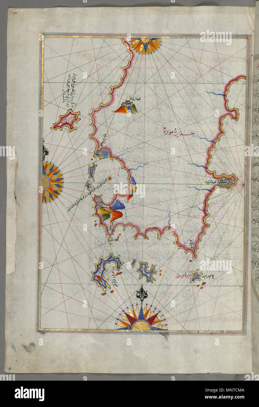 Piri Reis (Turkish, 1465-1555). 'Leaf from Book on Navigation,' 17th-18th century. ink, paint, and gold on paper. Walters Art Museum (W.658.134A): Acquired by Henry Walters. W.658.134a 1004 Piri Reis - Map of the Eastern Part of the Peloponnese Peninsula - Walters W658134A - Full Page Stock Photo
