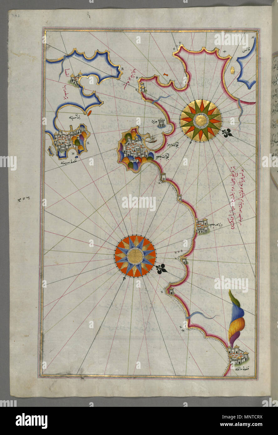Piri Reis (Turkish, 1465-1555). 'Leaf from Book on Navigation,' 17th-18th century. ink, paint, and gold on paper. Walters Art Museum (W.658.263A): Acquired by Henry Walters. W.658.263a 1004 Piri Reis - Map of the Strait of Gibraltar with the Cities of Gibraltar and Ceuta - Walters W658263A - Full Page Stock Photo
