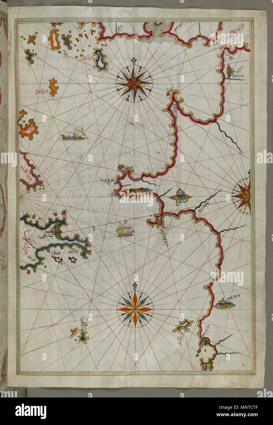 Piri Reis (Turkish, 1465-1555). 'Leaf from Book on Navigation,' 17th-18th century. ink, paint, and gold on paper. Walters Art Museum (W.658.136B): Acquired by Henry Walters. W.658.136b 1004 Piri Reis - Map of the Western Part of the Peloponnese Peninsula Opposite the Zakynthos Island - Walters W658136B - Full Page Stock Photo