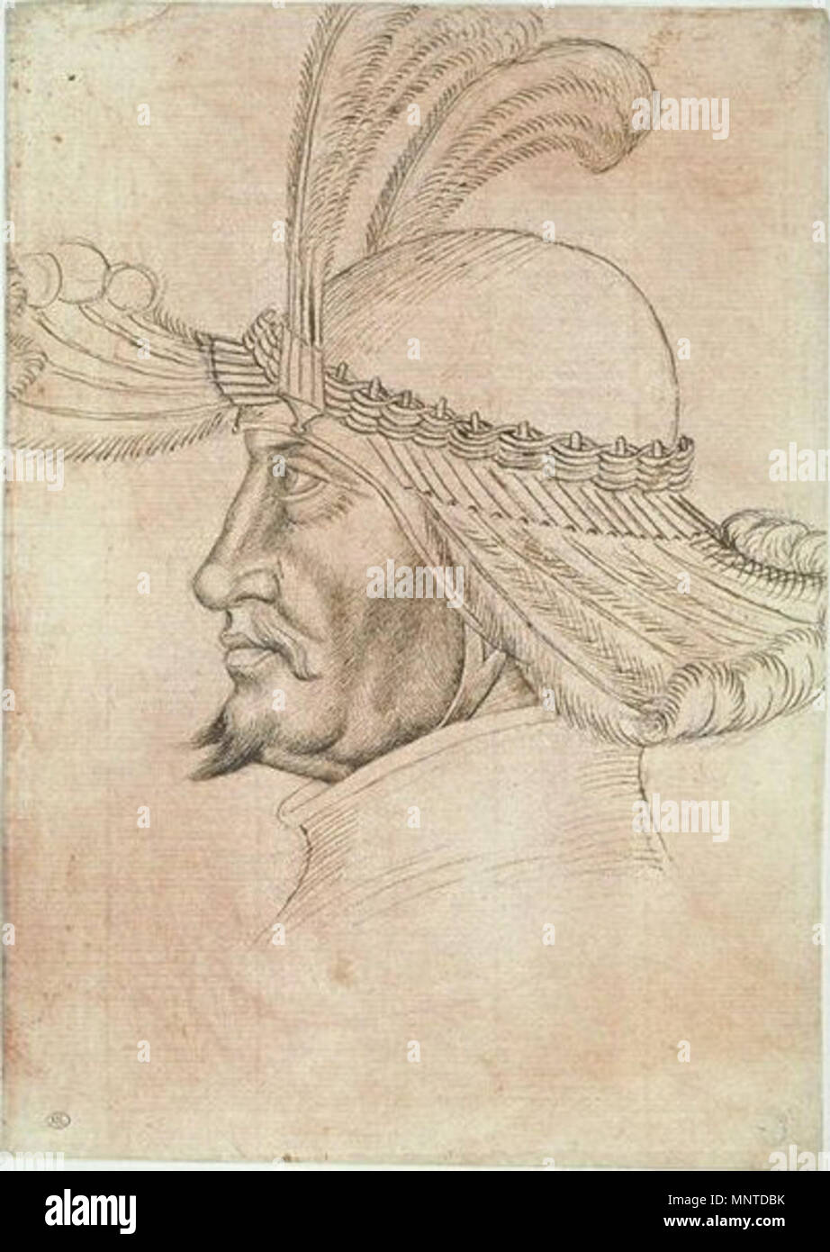 Français : Tête d'homme barbu, vu de profil, coiffé d'un casque orné de plumes   15th century.   1006 Pisanello - Codex Vallardi 2622 Stock Photo