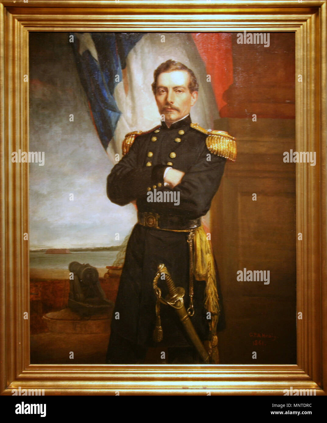 Pierre Gustave Toutant Beauregard . Portrait of General Beauregard in uniform, his arms folded across his chest, standing at Fort Moultrie in front of the flag of the Confederate States. In the background is the cannon from which the first shot was fired at the 'Star of the West.' . 1861.   987 Pierre G.T. Beauregard by Healy Stock Photo