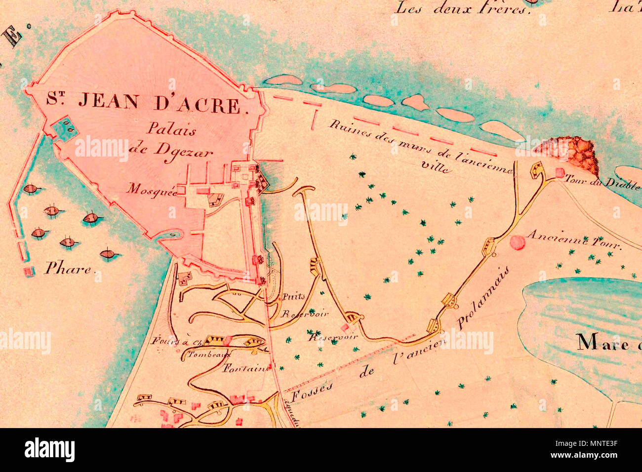 Plan de St. Jean d'Acre . Français : Plan de St. Jean d'Acre. indiquant la  position de l'armée française et des ouvrages qui ont servi au siège de  cette place comanée le