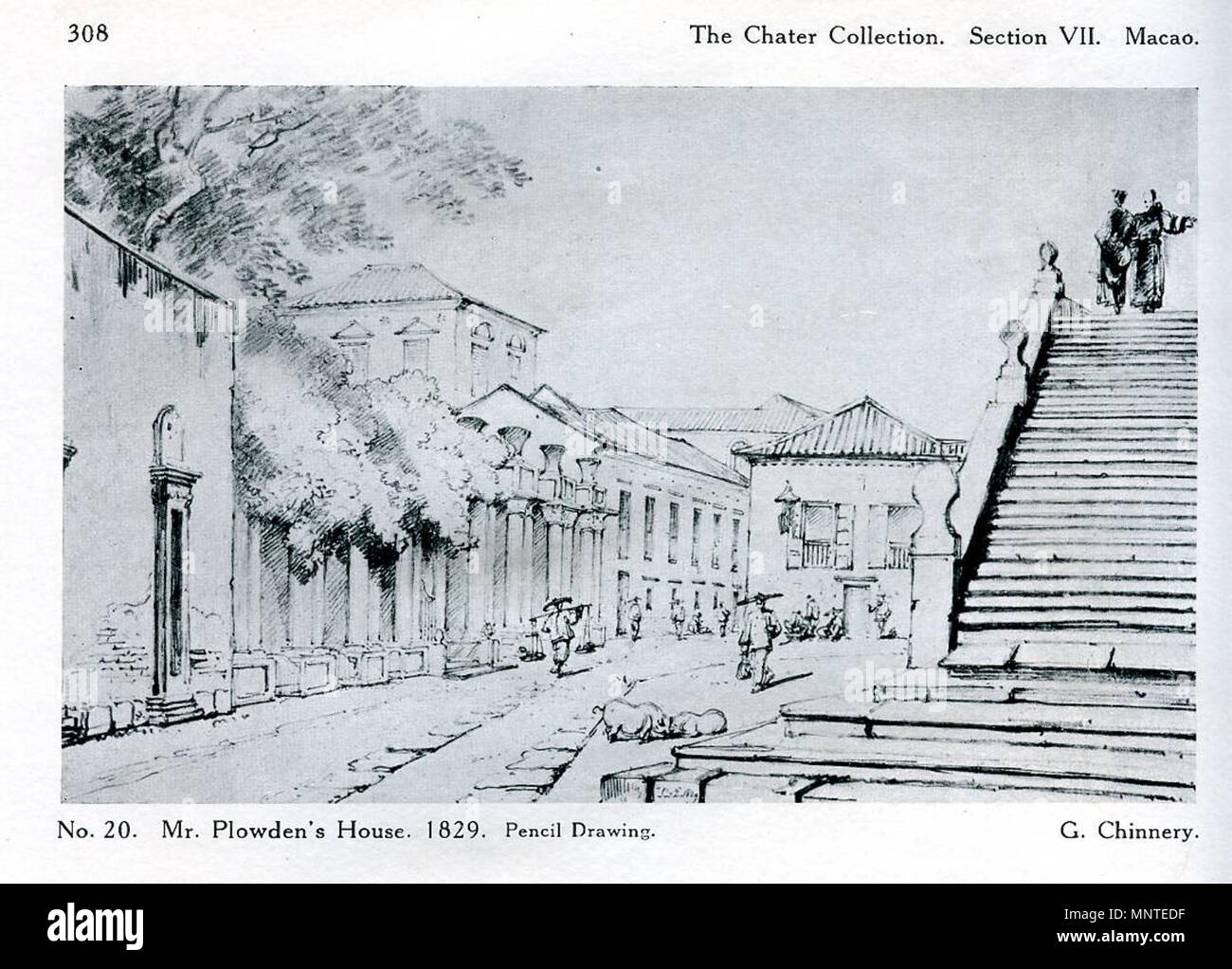 . English: Pencil drawing of the street front of the East India Company’s House, Macao, with steps of the Church of St. Lorenzo. At the period of the drawing, William Henry Chicheley Plowden was the Chief of the East India Company in Canton. circa 1829.   George Chinnery  (1774–1852)     Alternative names Qiannali; geo. chinnery; Chinnery; chinnery geo  Description English painter  Date of birth/death 5 January 1774 30 May 1852  Location of birth/death London Macau  Work location London (c. 1789–1796), Bristol (1796–1797), Dublin (1797–1802), Chennai (1802–1807), Kolkata (1807–1825), Guangzhou Stock Photo