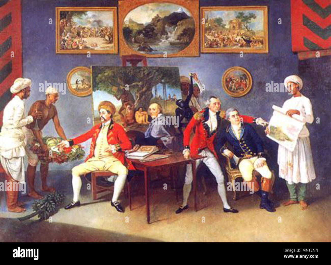 Colonel Antoine Polier, Claude Martin and John Wombwell with the Artist . This is a painting by Johann Zoffany of Colonel Antoine Polier, Claude Martin, John Wombwell with himself in the background being waited on by Indian servants probably in Lucknow India. The painting is now in the Victoria Museum Calcutta. This image is from their web site. July 1786.   1011 PolierMartinWombwellZoffany Stock Photo