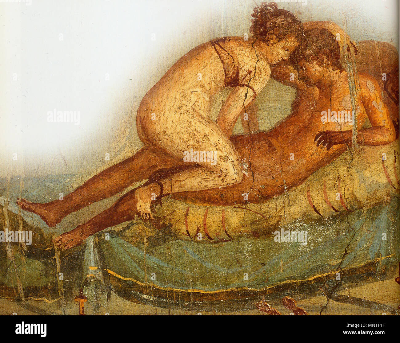 . English: Detail of fresco of couple in bed. From southern wall of room 43 (Cubiculum) in the Casa del Centenario (IX 8,3) in Pompeii, 1st Century. 11 July 2010. Wolfgang Rieger 1012 Pompeii - Casa del Centenario - Love scene Stock Photo