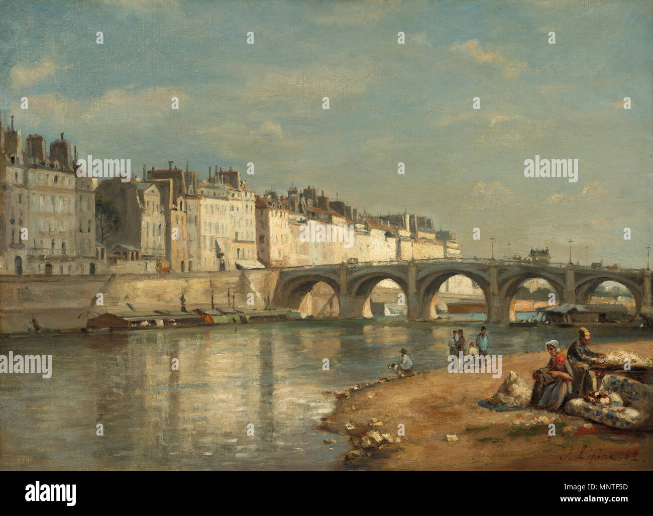 Painting; oil on canvas; overall: 40.2 x 55.1 cm (15 13/16 x 21 11/16 in.) framed: 57.8 x 73 x 6.9 cm (22 3/4 x 28 3/4 x 2 11/16 in.);   Pont de la Tournelle, Paris   1862.   1013 Pont de la Tournelle, Paris-1862-Stanislas Lepine Stock Photo