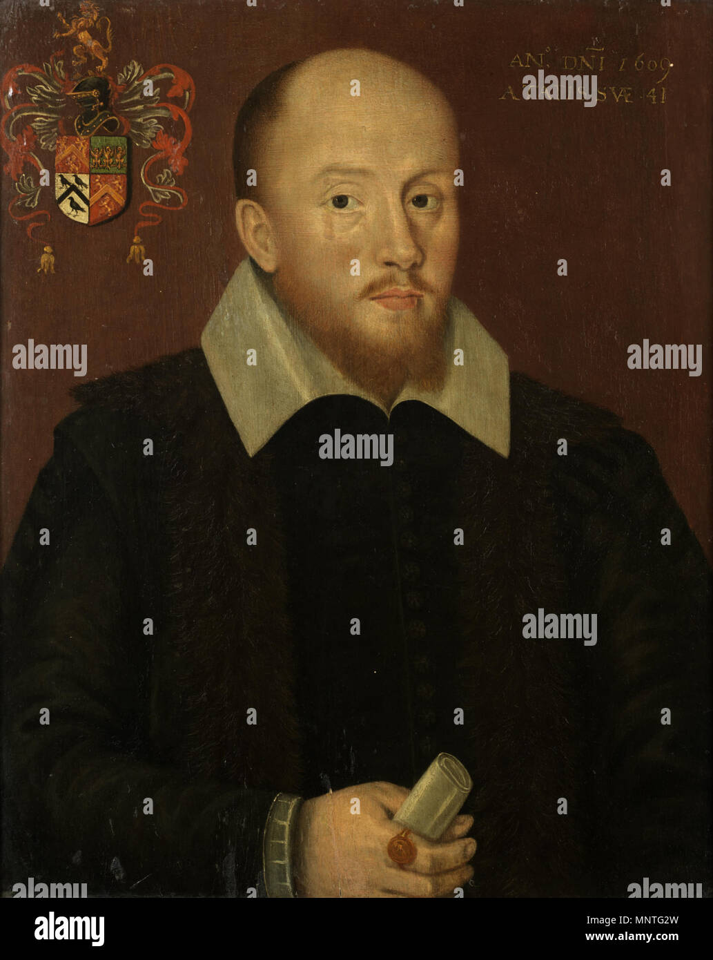 .  English: Portrait of an unknown gentleman, probably John Griffith of Talybont, Anglesey. Traditionally identified as John Owen of Porkington and Clenennau, but the arms quarter Griffiths (gules three lions rampant or), Owain Gwynnedd (vert, three eagles or displayed in fess) and Bran of Anglesey (argent a chevron between three crows sable). . 1609.   1017 Portrait of a Welsh gentleman, probably John Griffith of Talybont Stock Photo
