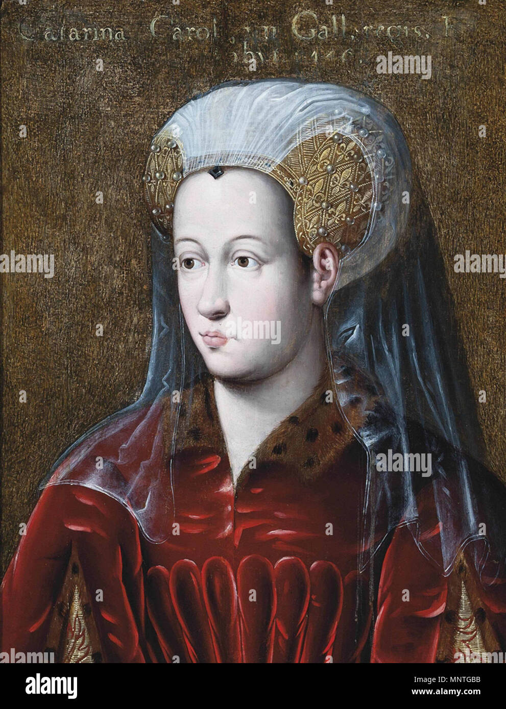 Portrait of Catherine of Valois (or Catherine of France), Countess of Charolais .  English: Portrait of Catherine of Valois (or Catherine of France) (died 1446), Countess of Charolais (daughter of King Charles VII of France and Marie of Anjou, wife of Charles of Burgundy, count of Charolais (future duke Charles the Bold), bust-length, in a red fur-trimmed mantle and a richly embroidered headpiece with a white veil Français : Portrait de Catherine de France (ou Catherine de Valois) (morte en 1446), comtesse de Charolais, fille du roi Charles VII de France et de Marie d'Anjou, première épouse de Stock Photo