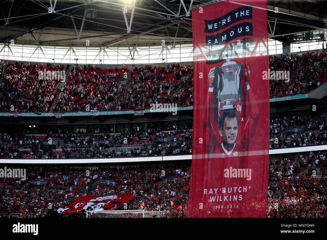a-general-view-of-a-ray-wilkins-banner-at-the-emirates-fa-cup-final-at