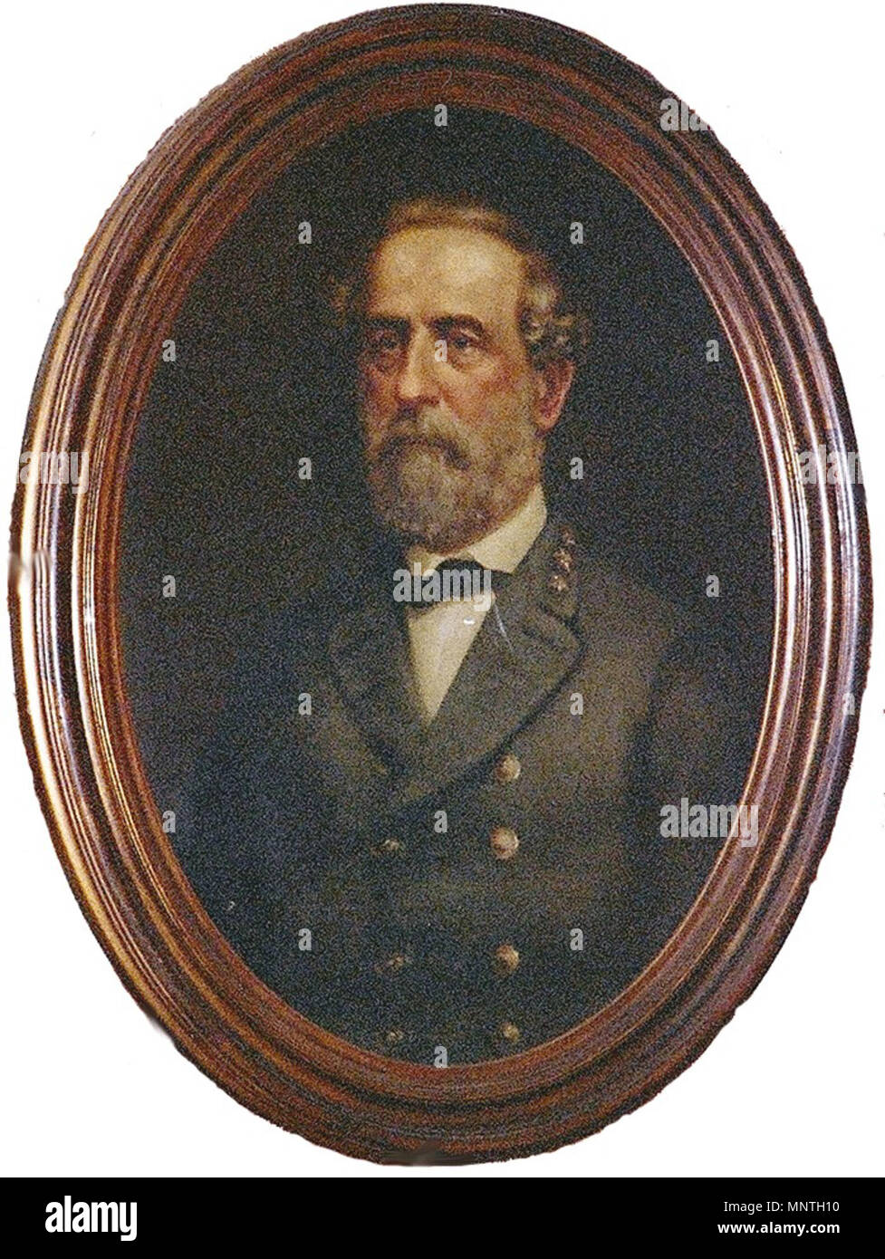 . Half-length oval portrait of Robert E. Lee, ad viv del, wearing double-breasted gray coat with turned down collar. Coat shows three single stars on collar. Subject wears a white shirt and black bow tie. Supposedly painted from life by Dury in 1865. Black background. Oil on Canvas, 27 x 21. Private Collection. Tennesee Portrait Project, Portrait #1804 . circa 1865.   George Dury  (1817–1894)     Alternative names Friedrich Julius George Dury; George W. Dury  Description American painter  Date of birth/death 15 May 1817 1894  Location of birth/death Würzburg Nashville  Authority control  : Q50 Stock Photo