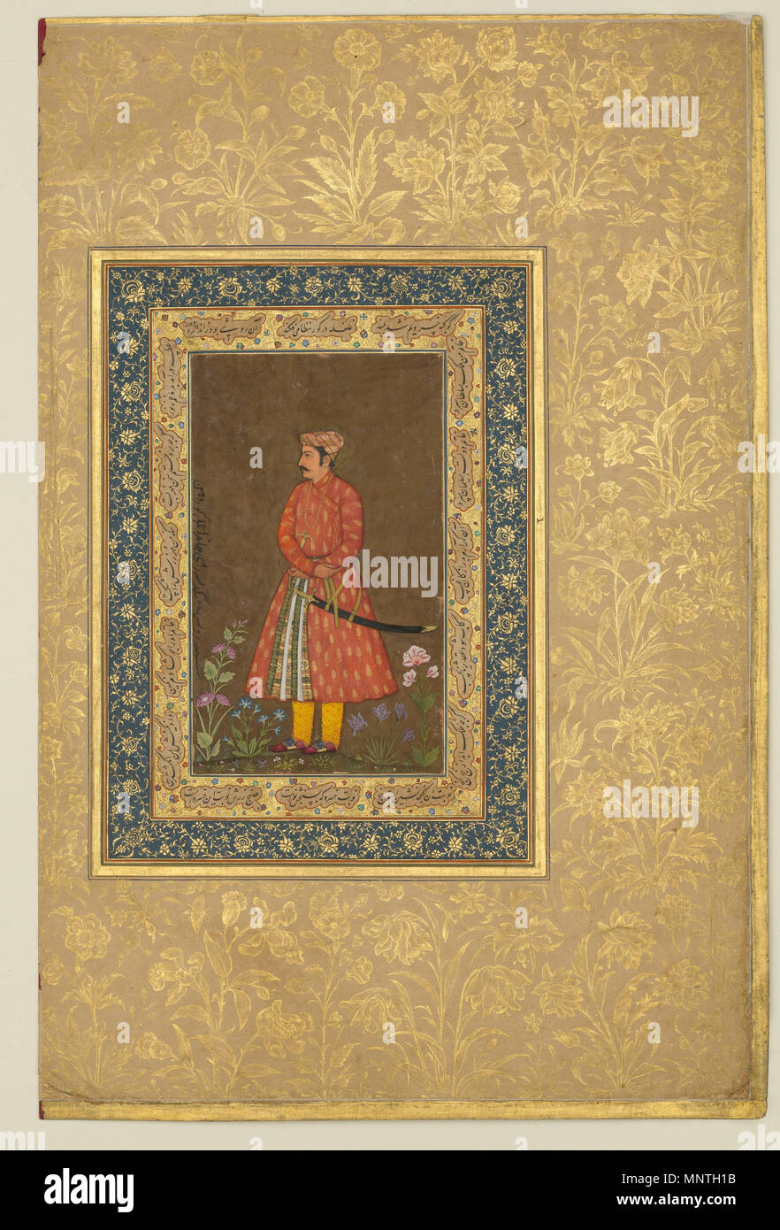 . 'Portrait of Rup Singh', Folio from the Shah Jahan Album Painting by Govardhan (active ca. 1596–1645) Calligrapher:   Sultan 'Ali al-Mashhadi (active late 15th–early 16th century) Object Name:   Album leaf Reign:   Jahangir (1605–27), verso Date:   verso: ca. 1615–20; recto: ca. 1500 Geography:   India Medium:   Ink, opaque watercolor, and gold on paper Dimensions:   Page: H. 15 5/16 in. (38.9 cm) W. 10 1/8 in. (25.7 cm) Painting with border: H. 8 13/16 in. (22.4 cm) W. 6 5/16 in. (16 cm) Painting without border: H. 5 7/8 in. (14.9 cm) W. 3 1/2 in. (8.9 cm) Mat: H. 19 1/4 in. (48.9 cm) W. 14 Stock Photo