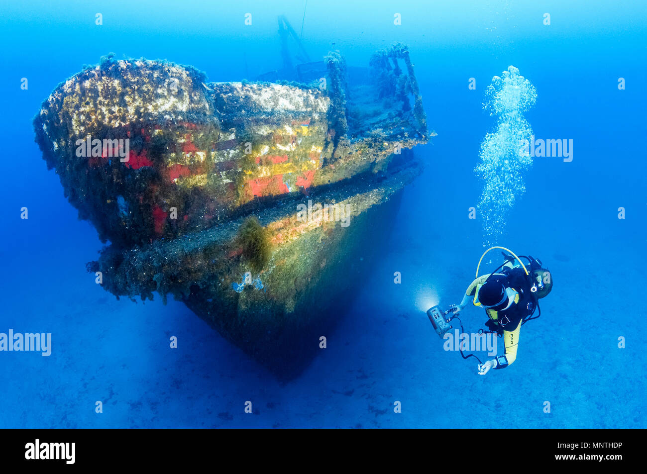 woman scuba diver, exploring shipwreck, MV Karwela, Gozo, Malta, Mediterranean Sea, Atlantic Ocean, MR Stock Photo