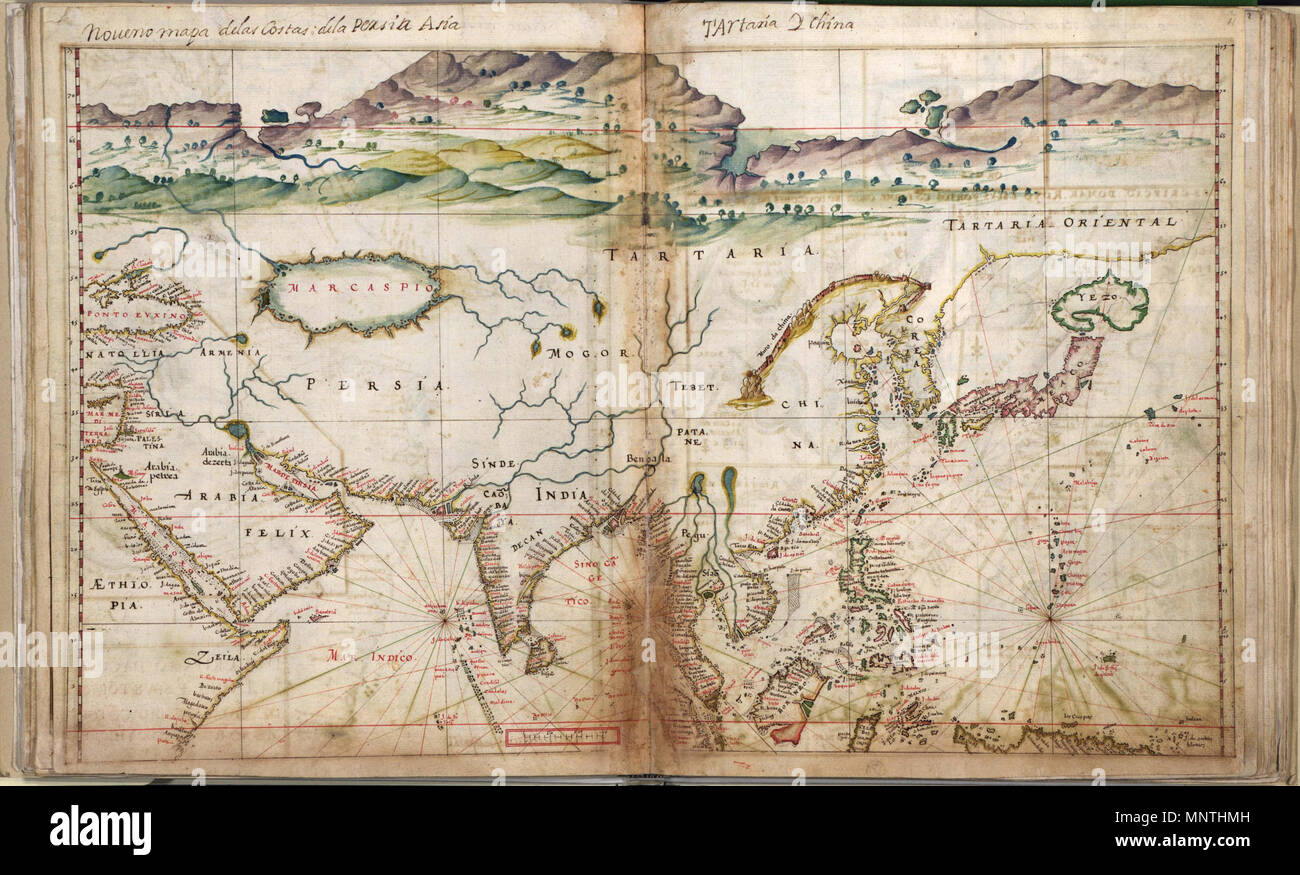 . English: 1630 Portuguese map of Asia, entitled Taboas geraes de toda a navegação, divididas e emendadas por Dom Ieronimo de Attayde com todos os portos principaes das conquistas de Portugal delineadas por Ioão Teixeira cosmographo de Sua Magestade, anno de 1630 (General tables of all the navigation, divided and corrected by D. Jeronimo de Ataide, with all the ports and conquests of Portugal delineated by Joao Teixeira, cosmographer of His Majesty, Year 1630' . 1630. Jeronimo de Ataide, João Teixeira 1024 Portuguese map of Asia, 1630 Stock Photo