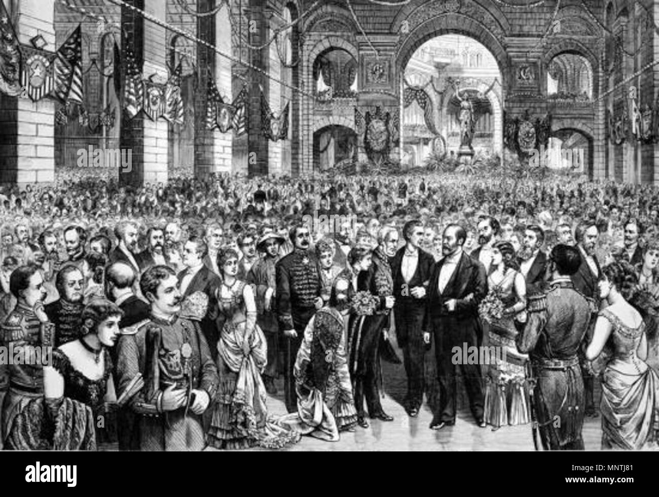 . English: The inaugural ball for president James Garfield held in the United States National Museum (present day Arts and Industries Building of the Smithsonian Institution) in Washington DC, 1881 . 3 September 2017. Unknown 1027 President James Garfield's inaugural ball, Washington DC 1881 Stock Photo