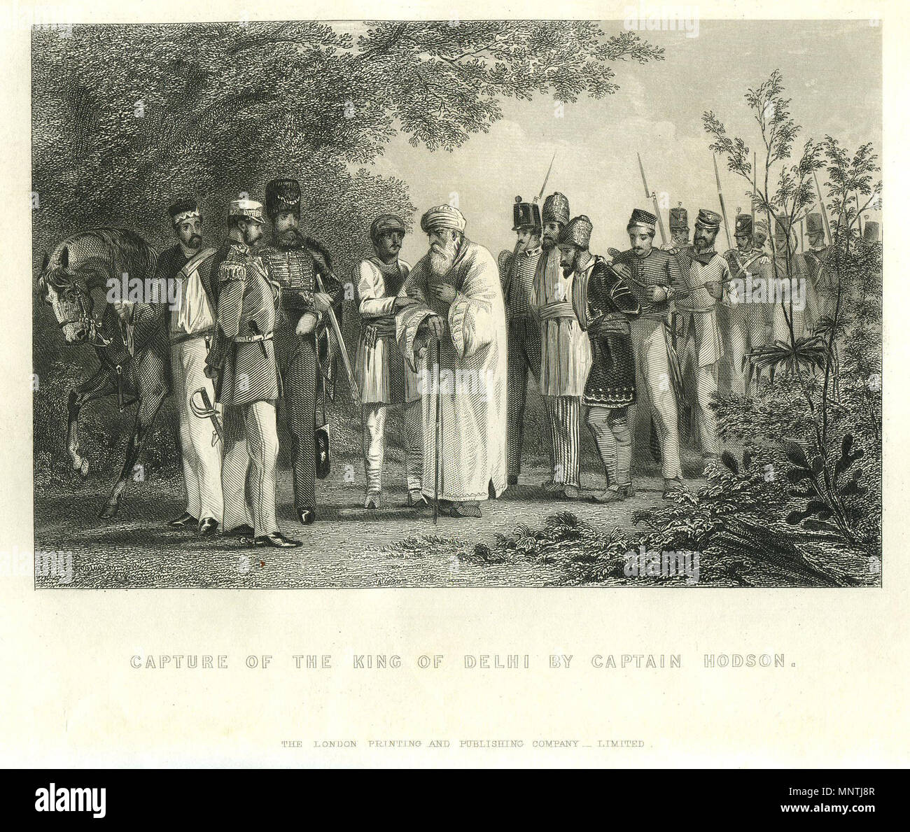 . 'Capture of the King of Delhi by Captain Hodson', steel engraving. Captain William Hodson captured Bahadur Shah II on 20 September 1857 during the Sepoy Mutiny. 1860s. London Printing and Publishing Co., Ltd. 1170 The capture of the king of delhi by Captain Hodson Stock Photo