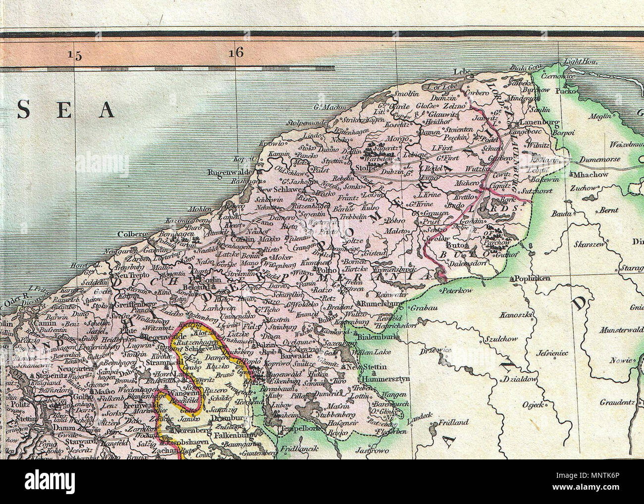 .  English: An attractive example of John Cary’s 1801 map of Upper Saxony, Germany. Covers from the Baltic Sea south to Franconia, Bavaria, Bohemia and Moravia. Extends eastward as far as Poland. Includes the Duchy of Silesia, the Duchy of Lusatia, Prussian Pomerania, Electoral Mark of Brandenburg, and the Margraviate of Meissen. Notes the cities of Berlin, Prague, Dresden, and Leipzig among many others. Highly detailed with color coding according to region. Shows forests, cities, palaces, forts, roads and rivers. All in all, one of the most interesting and attractive atlas maps of Upper Saxon Stock Photo