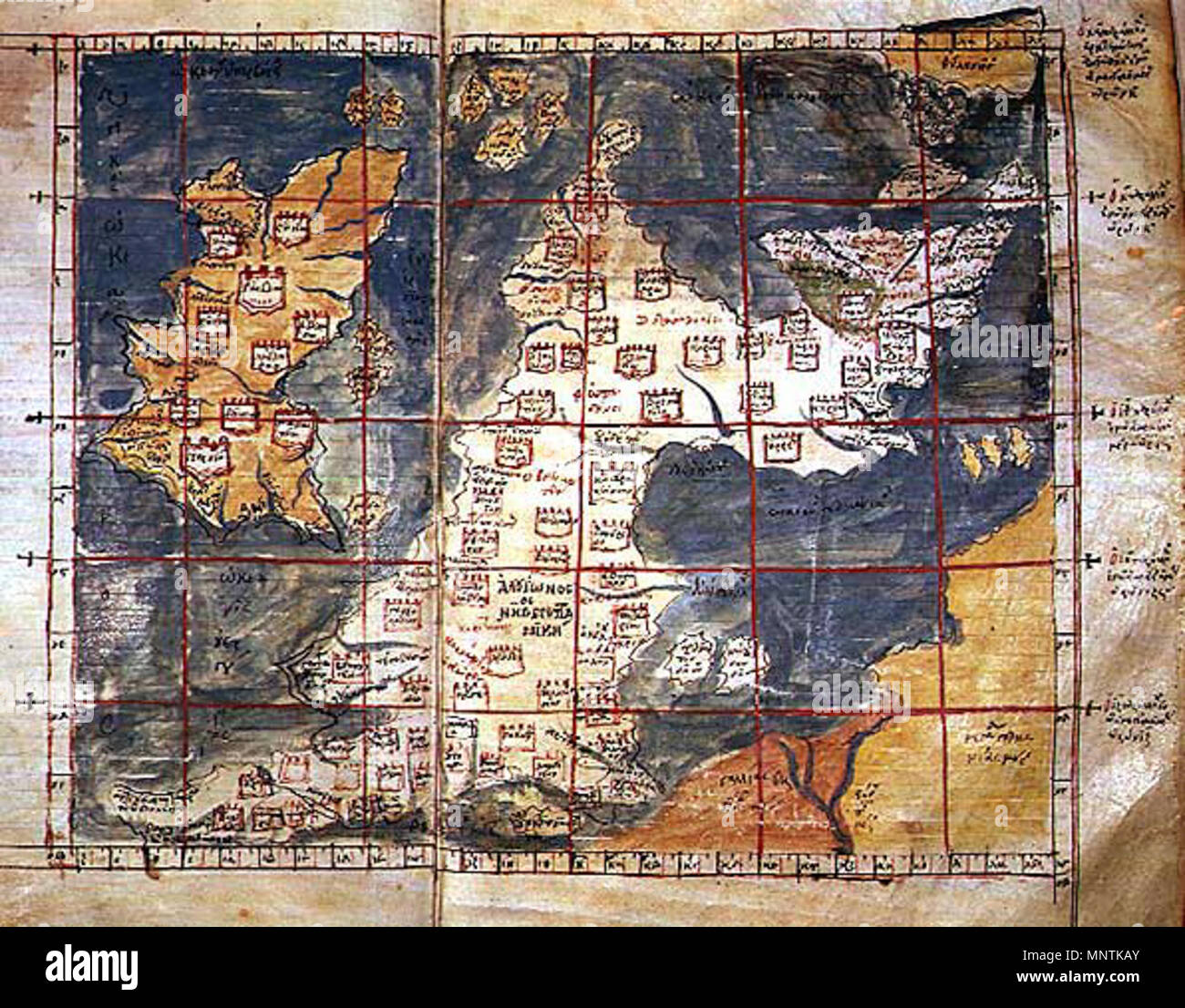 English: The '1st Map of Europe': A Greek-language map of Hibernia  (Ireland) and Albion (Great Britain) derived from Ptolemy's Geography,  probably in the early 14th century at Constantinople (Istanbul), held by