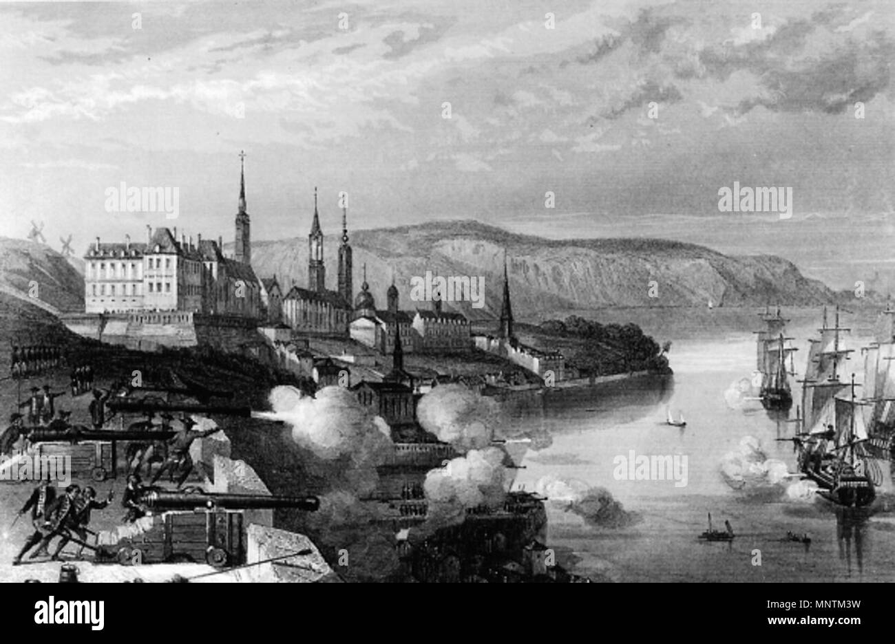 . English: 19th century print of Quebec naval cannons firing at Phipp's ...