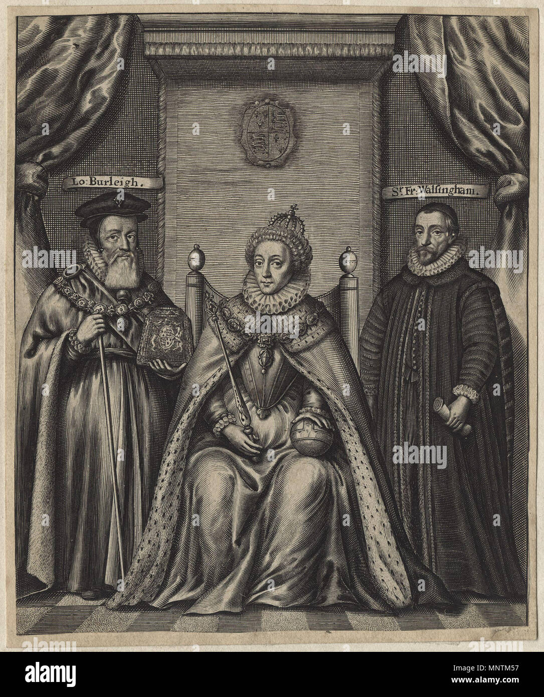 Queen Elizabeth I; Sir Francis Walsingham; William Cecil, 1st Baron Burghley   1655.   1035 Queen Elizabeth I; Sir Francis Walsingham; William Cecil, 1st Baron Burghley by William Faithorne (2) Stock Photo