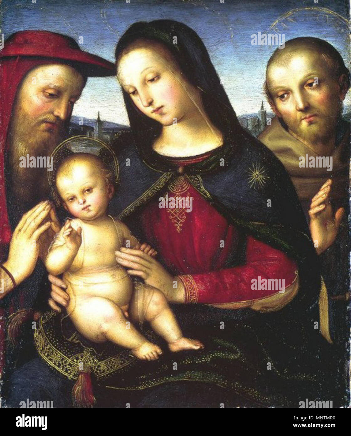Madonna and Child and with Saints Jerome and Francis   1501/1502.   1038 Raffaello Maria, Kind und Hieronymus und Franziskus Stock Photo