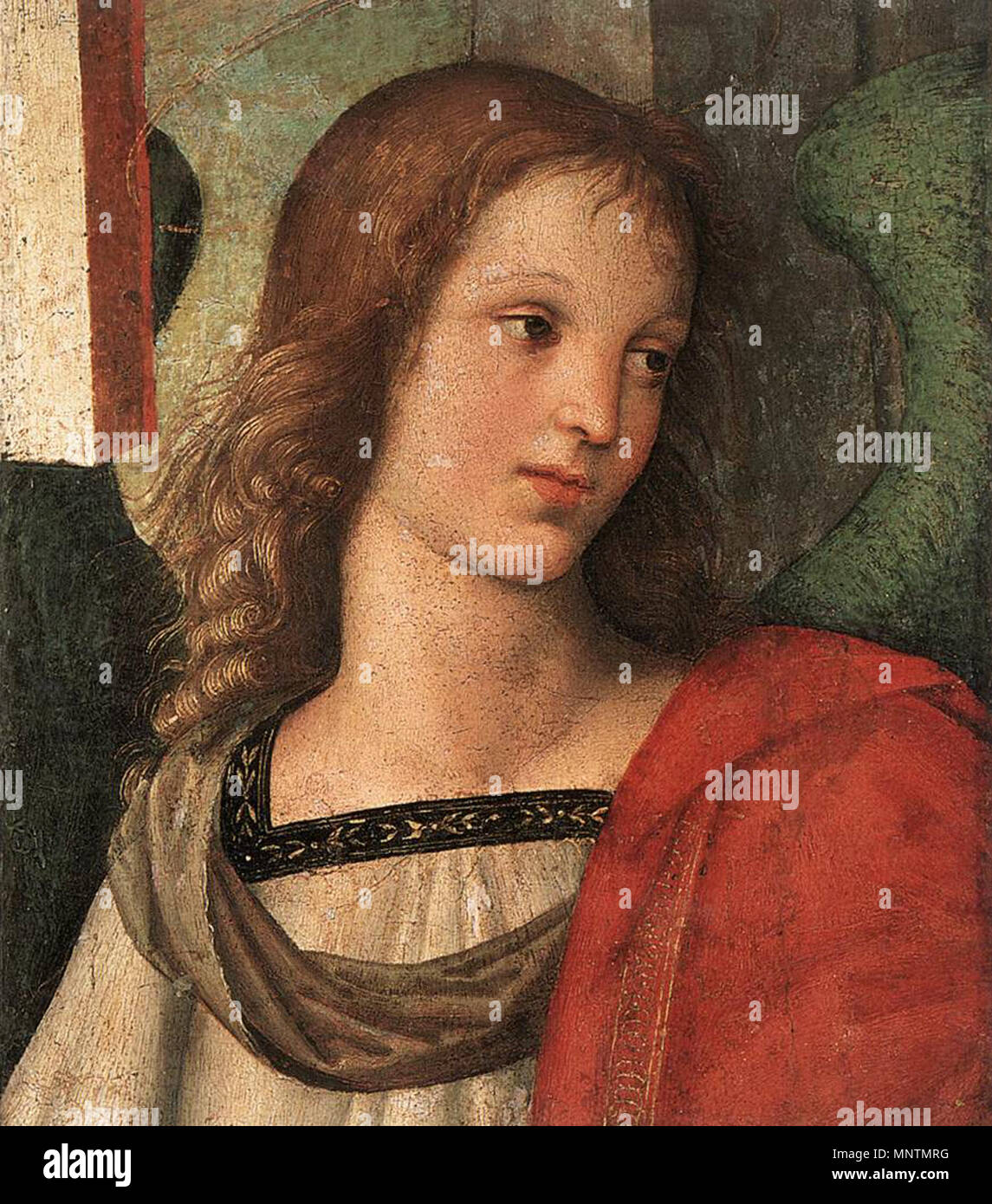 Angel (fragment of the Baronci Altarpiece) Italiano: Raffaello, Angelo. Faceva parte della Pala di San Nicola da Tolentino, che doveva collocarsi nella cappella di Andre Baronci nella Chiesa di Sant'Agostino a Città di Castello.    between 1500 and 1501.   1038 Raffaello Sanzio - Angel (fragment of the Baronci Altarpiece) - WGA18605 Stock Photo