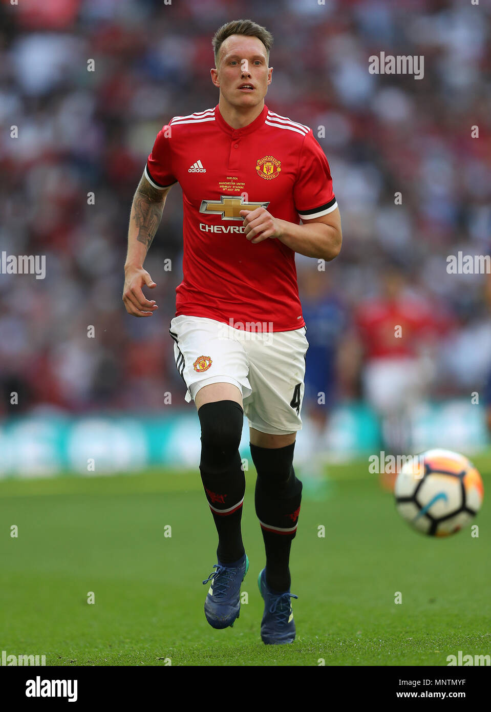 Manchester United's Phil Jones during the Emirates FA Cup Final at Wembley Stadium, London. PRESS ASSOCIATION Photo. Picture date: Saturday May 19, 2018. See PA story SOCCER FA Cup. Photo credit should read: David Davies/PA Wire. RESTRICTIONS: EDITORIAL USE ONLY No use with unauthorised audio, video, data, fixture lists, club/league logos or 'live' services. Online in-match use limited to 75 images, no video emulation. No use in betting, games or single club/league/player publications. Stock Photo