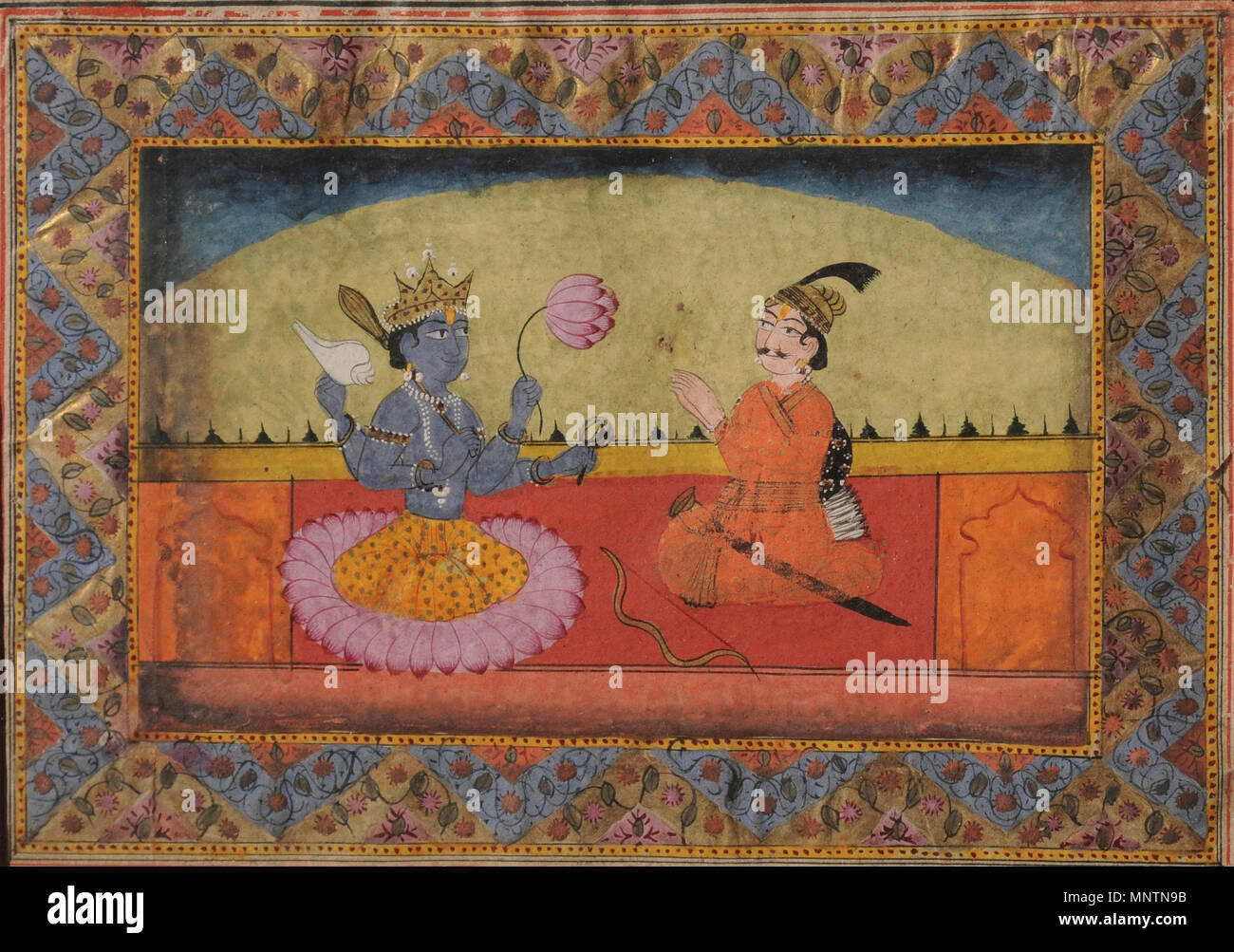 Raja Parikshit seated in front of Vishnu .  English: Raja Parikshit seated in front of Vishnu - Unknown, Miniature Painting, Kashmir School - Google Cultural Institute. Natural pigment on paper. 9.8 x 13.6 cm. This seems to be a folio of a manuscript with elaborate geometrical and floral borders. The style is Kashmiri with tiny figures and typical colours of orange, green, mauve and blue forming the plain compartments. This is the beginning verse from the Bhagvata Purana when Raja Parikshit has come to Vishnu. . between 1801 and 1825.   1040 Raja Parikshit seated in front of Vishnu - Unknown,  Stock Photo