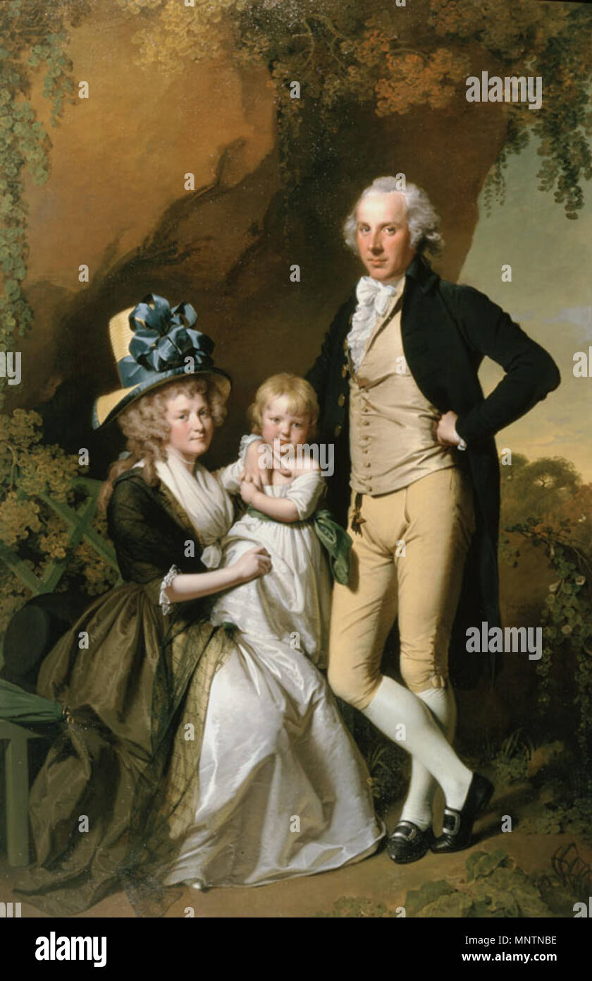 English: Portrait of Richard Arkwright junior with his Wife Mary and Daughter Anne .  English: Son of Sir Richard Arkwright of Cromford, Derbyshire, Richard Arkwright Junior (1755 - 1843) was the financier (creditor) of Samuel Oldknow of Marple and Mellor Mill and a personal friend. Sir Richard (the father) had earlier patented the water frame, a roller-spinning machine powered by water, that turned textile spinning into a factory industry and in so doing he founded the factory system of manufacture. Richard Arkwright Junior followed in his illustrious father’s footsteps and he developed the f Stock Photo
