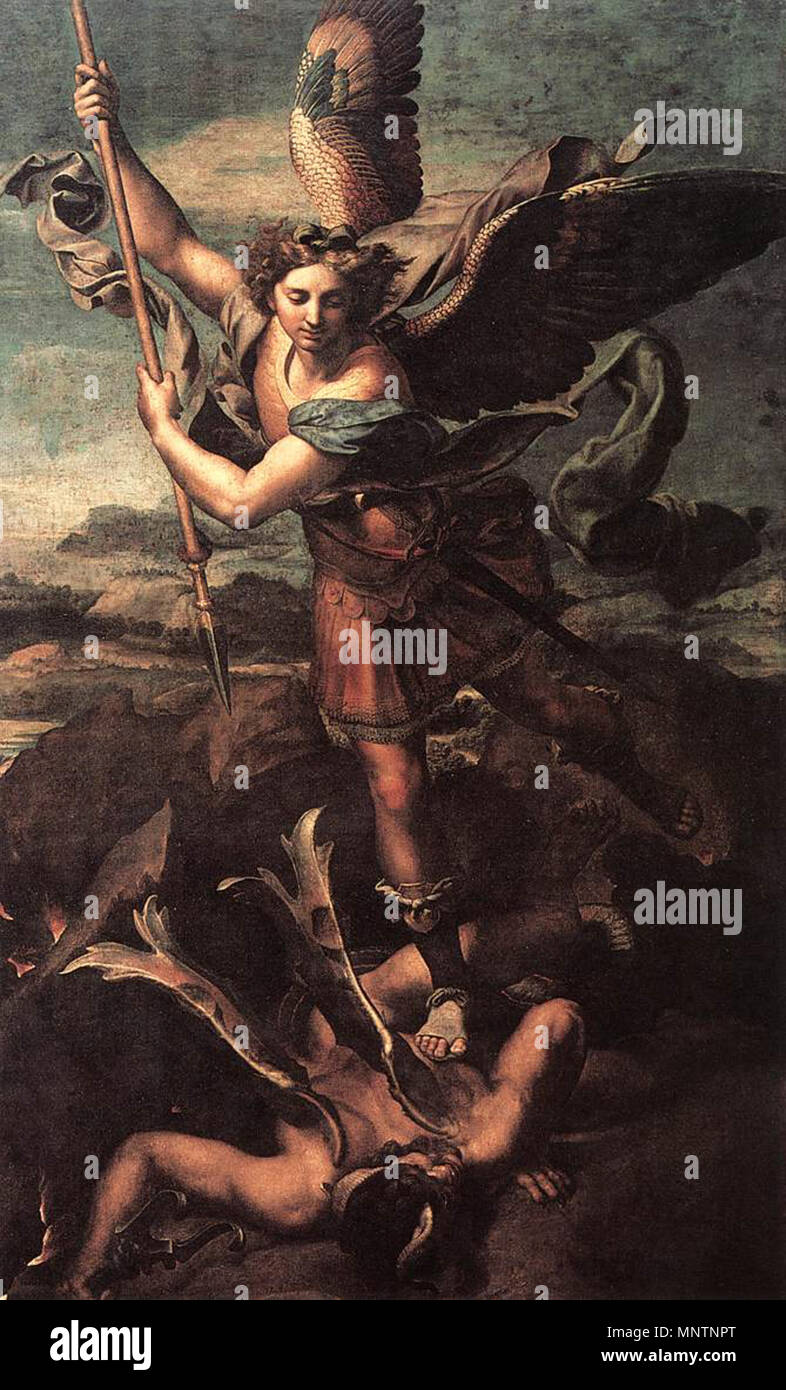 English: St Michael and the Devil Italiano: San Michele e il drago   between circa 1504 and circa 1505 or 1518.   1042 Raphael - St. Michael Vanquishing Satan Stock Photo