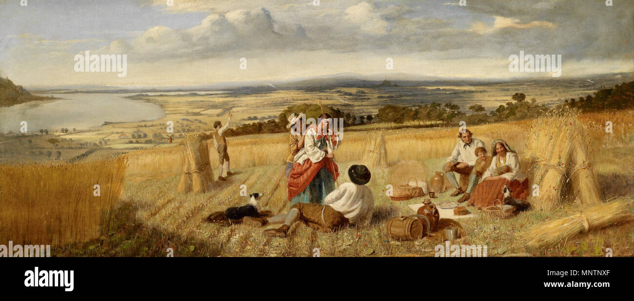 . Rast bei der Feldarbeit vor weiter Landschaft, Öl auf Leinwand, 49 x 117 cm . 19th century. Anonymous 1043 Rast bei der Feldarbeit 19Jh Stock Photo
