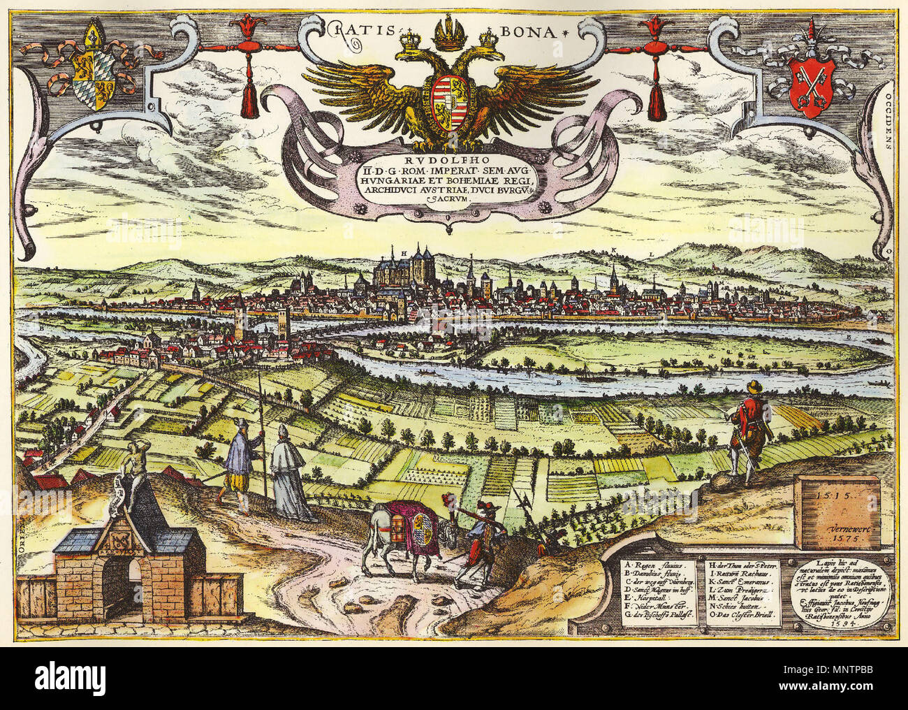 . English: historical sight of the German town of Regensburg by Georg Braun and Franz Hogenberg (between 1572 and 1618) . between 1572 and 1618. Georg Braun and Franz Hogenberg 1045 Regensburg Braun-Hogenberg Stock Photo