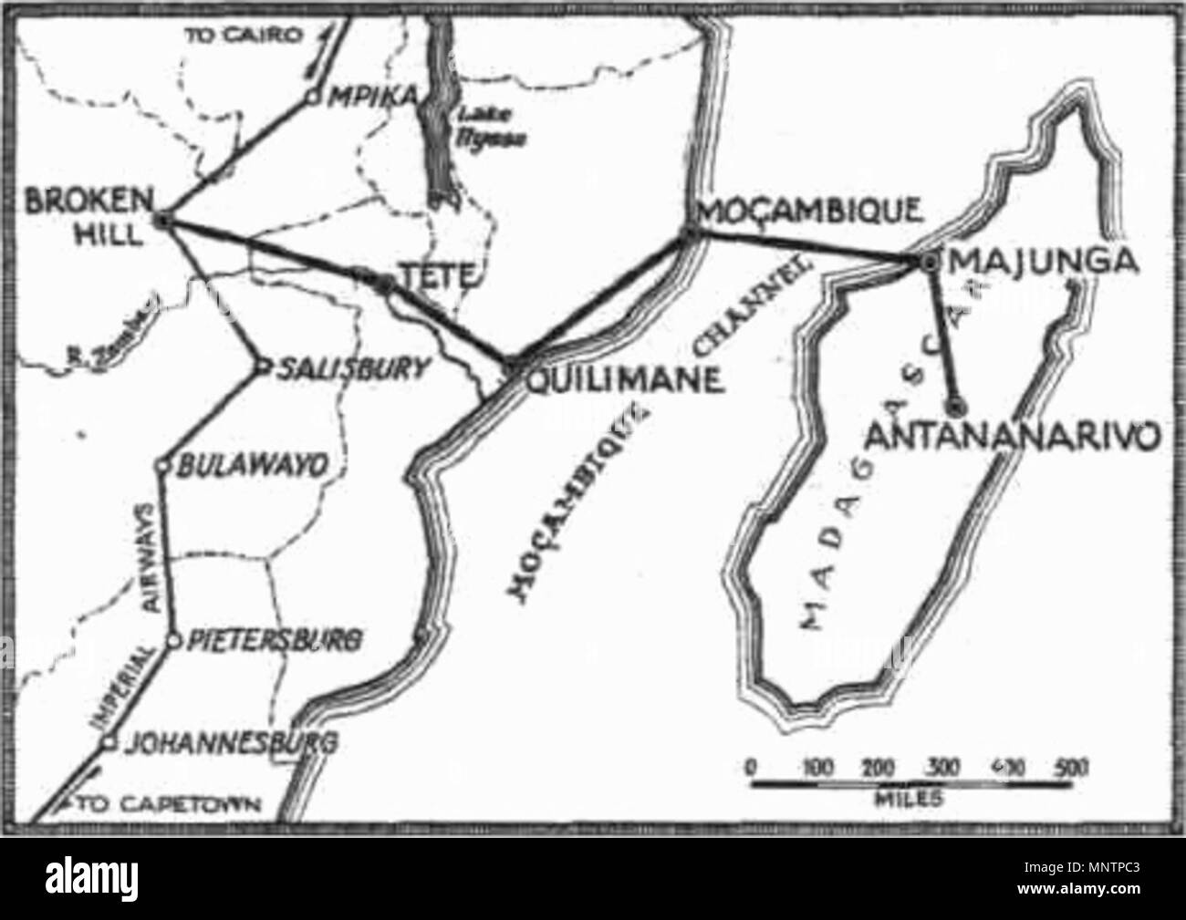 . English: Route map of Régie Malgache Malagasy: Zotra Antananarivo-Broken Hill izay nataon'ny zotram-piaramanidina Régie Malgache (1934-1937) . Tsy fantatra, azo tamin'ny alalan'i Russavia 1045 Regie Malgache route map Stock Photo