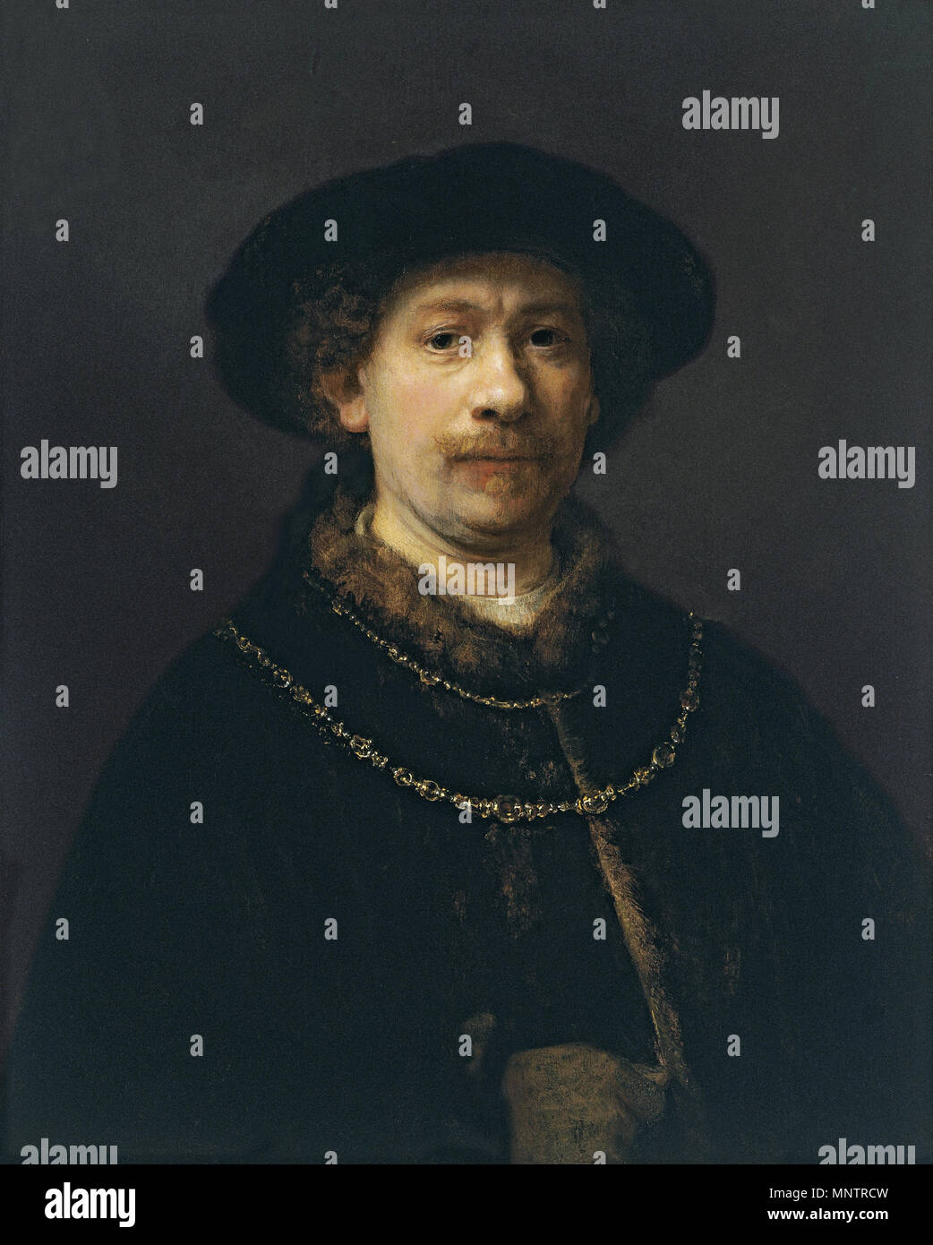 Self-portrait wearing a Hat and two Chains   circa 1642.   1051 Rembrandt Harmensz. van Rijn - Self-portrait wearing a Hat and two Chains - Google Art Project Stock Photo