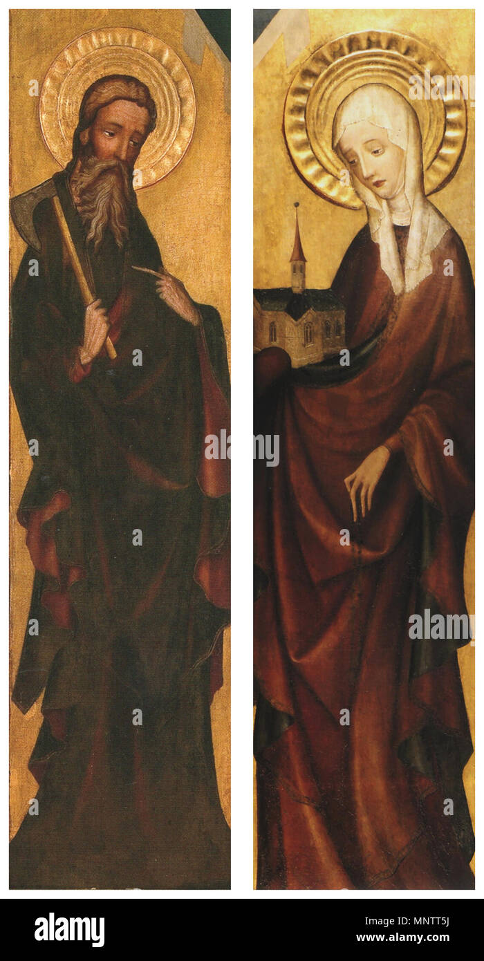 English: St. Matthias (or St. James) and St. Hedwige (or St. Elisabeth or St. Clare). Altar retable (triptych) from Trzebunia. Polski: Św. Maciej (lub św. Jakub) i św. Jadwiga (albo św. Elżbieta lub św. Klara). Tryptyk (ołtarz) z Trzebuni.   circa 1420.   1054 Retable from Trzebunia Stock Photo