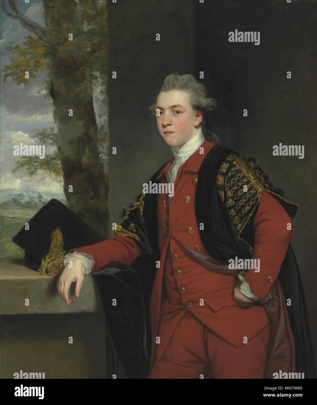 .  English: Francis Basset (1757-1835), later 1st Baron de Dunstanville. Sold by Christie's Auctioneers, Sale 2449, Old Master Paintings, 8 June 2011, New York, Rockefeller Center, Lot 80, Price realised USD 182,500. Catalogued as: 'Sir Joshua Reynolds, P.R.A. (Plympton 1723-1792 London) Portrait of Francis Basset, later 1st Baron de Dunstanville and Basset (1757-1835), standing three-quarter-length, in a red suit and undergraduate robes, a mortar-board on the wall beside him' . 18th century.   1059 Reynolds - Francis Basset Stock Photo