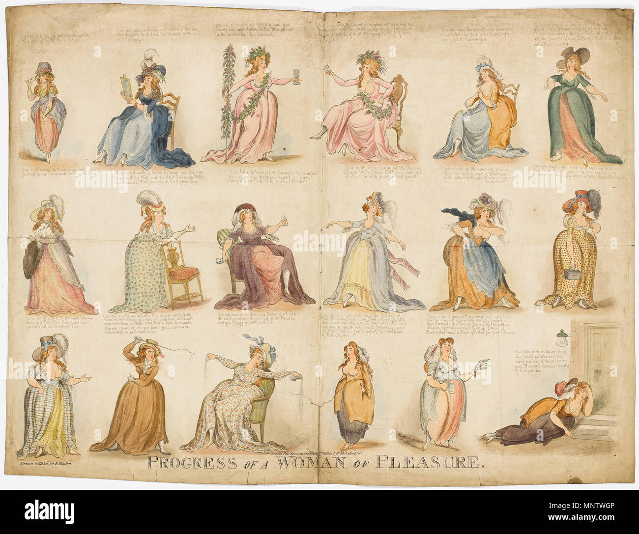 . English: Progress of a Woman of Pleasure. Hand-coloured etching, on wove. 53.5 x 74.0 cm. William Holland, 20 April, 1796. Traces the progress of a woman who starts as a newly-hired servant at upper left, and then through impulsive behavior and a fondness for alcohol loses 'respectable' employment, and descends into sordid circumstances, including prostitution, being the mistress of a number of men, associating with criminals, etc. 1796. Richard Newton 1060 Richard Newton Progress of a Woman of Pleasure 1794 Stock Photo