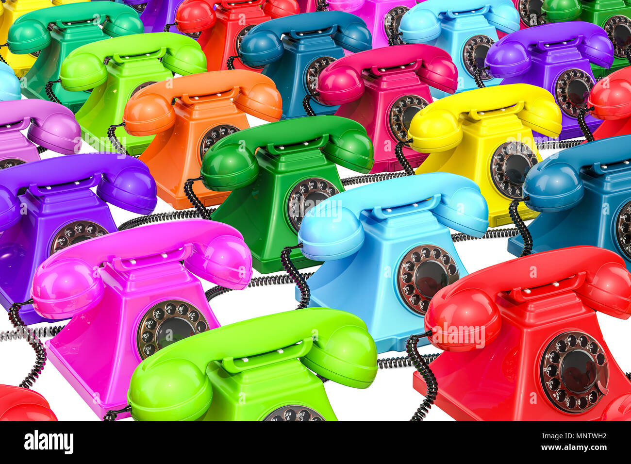 Background from colored old-fashioned phones, 3D rendering Stock Photo