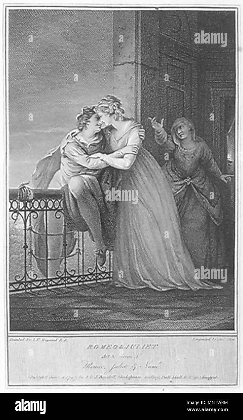 . Act III, Scene 5: Romeo takes leave of Juliet . 1797. engraving by   James Stow  (1770–1823)    Description English engraver  Date of birth/death 1770 1823  Authority control  : Q6143734 VIAF: 95857837 ULAN: 500028521    after painting by   After John Francis Rigaud  (1742–1810)     Description English painter  Date of birth/death 18 May 1742 6 December 1810  Location of birth/death Turin Warwickshire, England  Work location Great Britain (1772 - 1824)  Authority control  : Q3181529 VIAF: 47030818 ISNI: 0000 0000 8379 8265 ULAN: 500002685 LCCN: n84136359 NLA: 35354864 WorldCat 1062 Rigaud-Ro Stock Photo