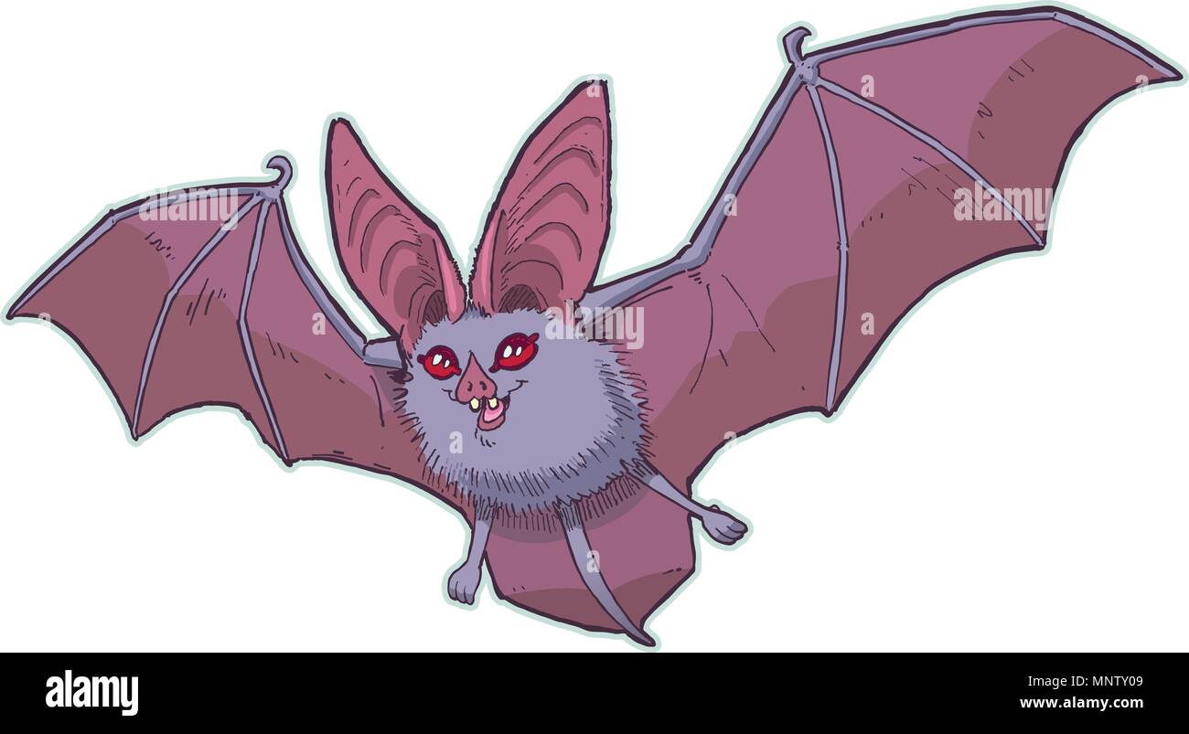 Vector cartoon clip art illustration of a cute leaf nose bat with big ears, red eyes, and spread wings. Elements in separate layers. Stock Vector