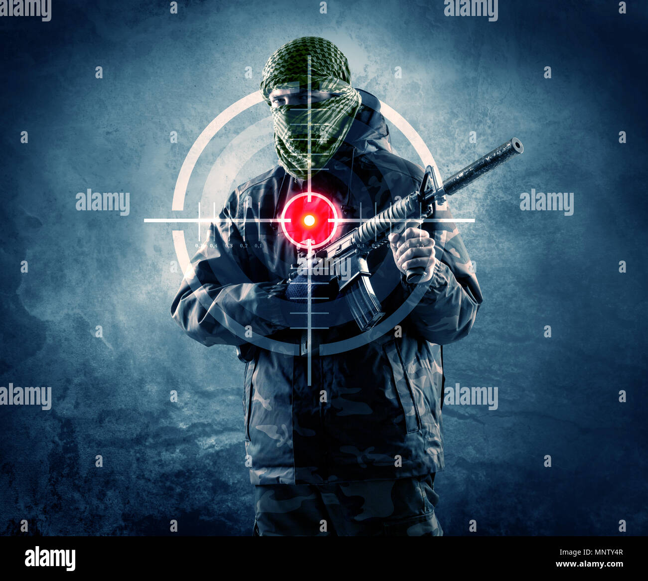 Masked terrorist man with gun and laser target on his body concept  Stock Photo