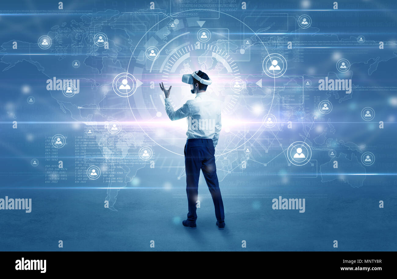 Manager with vr headset and social network research concept Stock Photo ...
