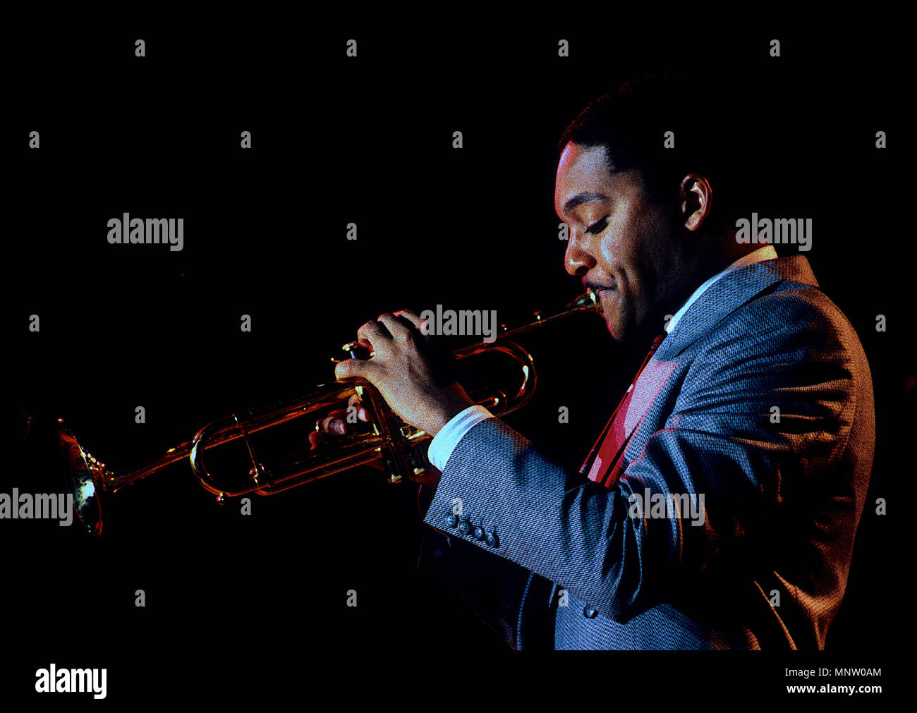 Washington, DC., USA, May 4, 1987 Wynton Marsalis plays his trumpet