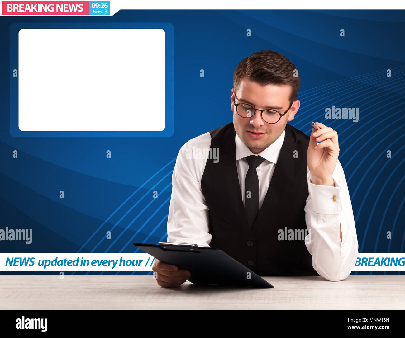 Television Reporter Telling Breaking News At His Studio Desk With Copy Space Concept Television Reporter Telling Breaking News At His Studio Desk With Copy Space Concept