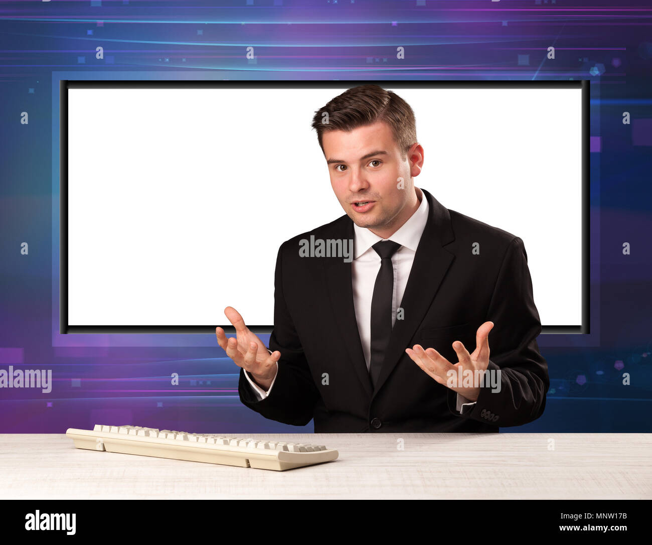 Television program host with big copy screen in his back concept Stock ...