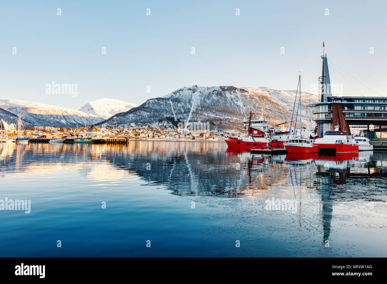Beautiful winter landscape of snow covered town Tromso in Northern Norway Stock Photo