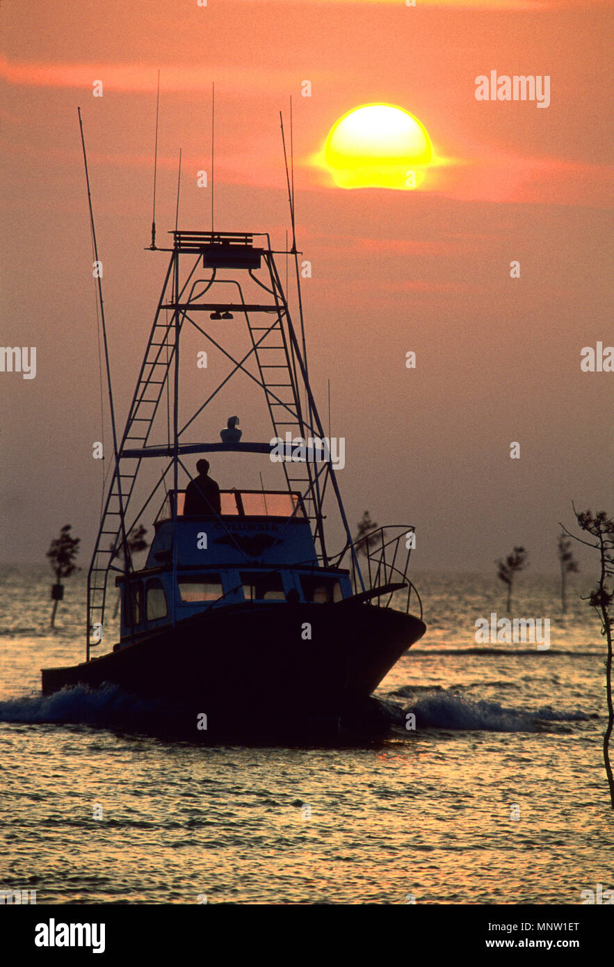 A charter fishing boat returns to Rock Harbor as the sun goes down