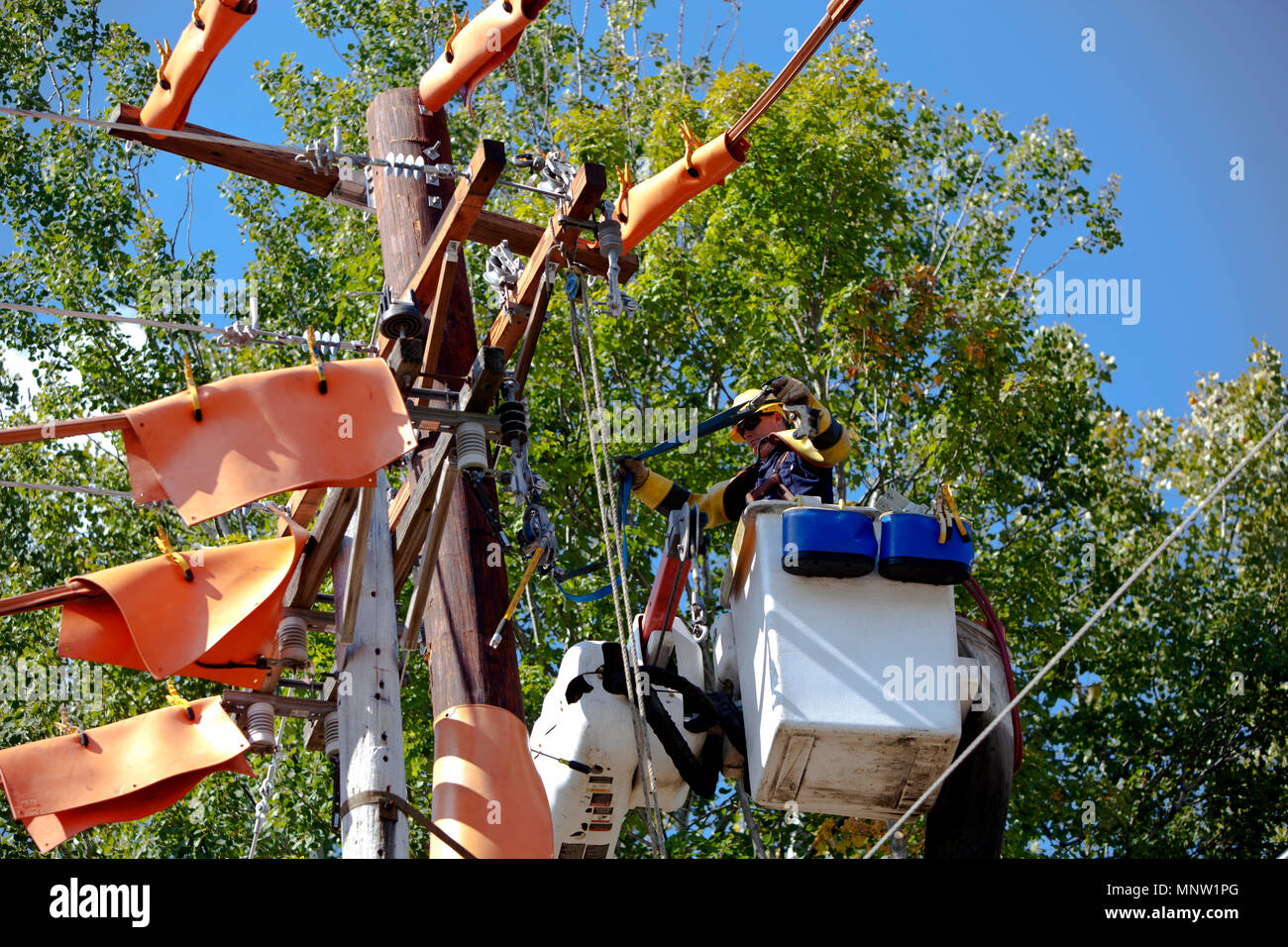 Workman using highlift bucket trucks installing upgraded electrical