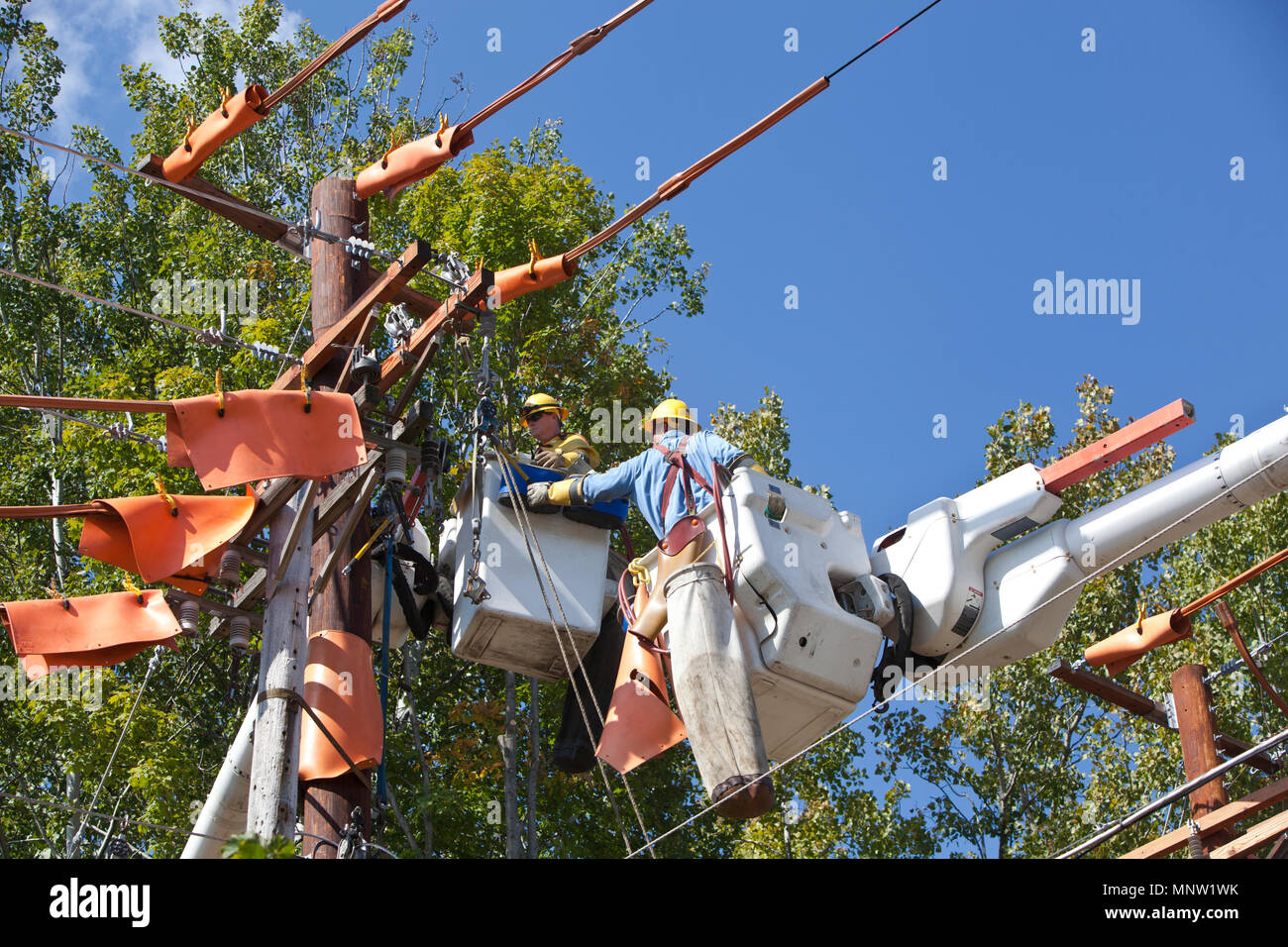 Workmen using highlift bucket trucks installing upgraded electrical